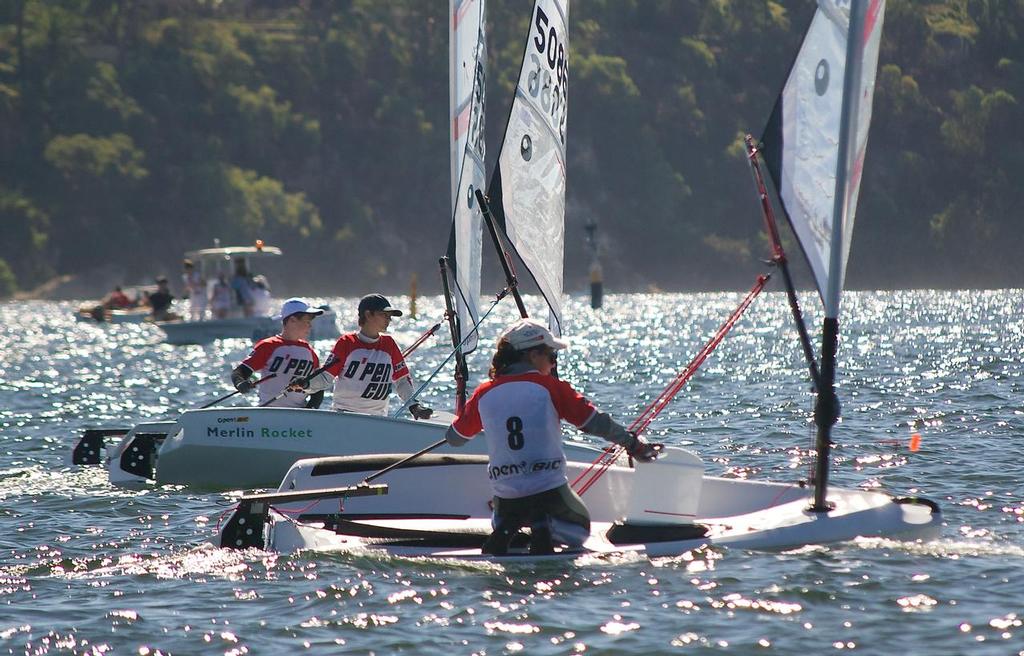 Chris Gallen, Oliver Medd, Kristen Wadley doing battle downwind - Zhik Australian Open Bic Cup © Jennifer Medd